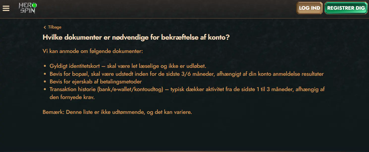 Herospins officielle hjælpecenter artikel om KYC-dokumenter