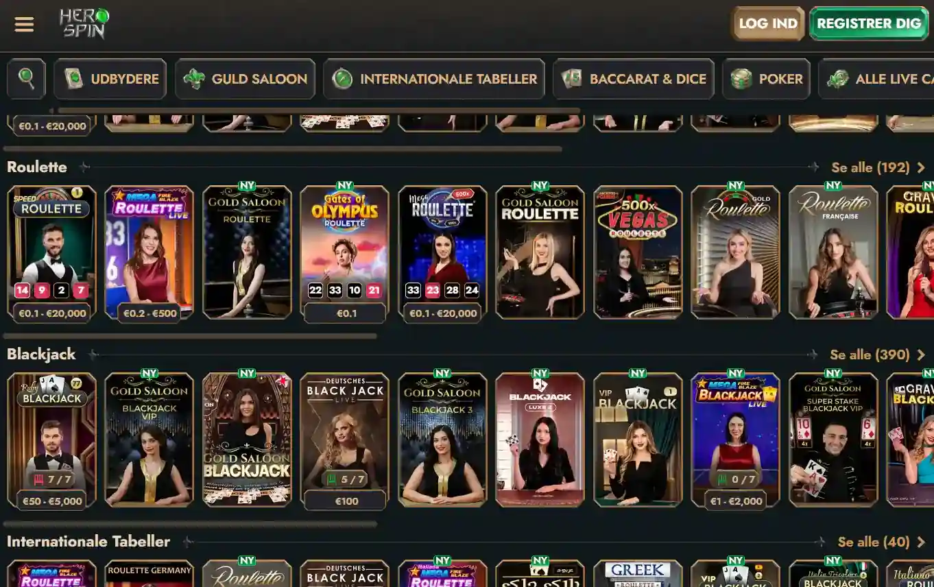 Herospins officielle spiloversigt for casino i realtid med realtidskategorier og spilfliser