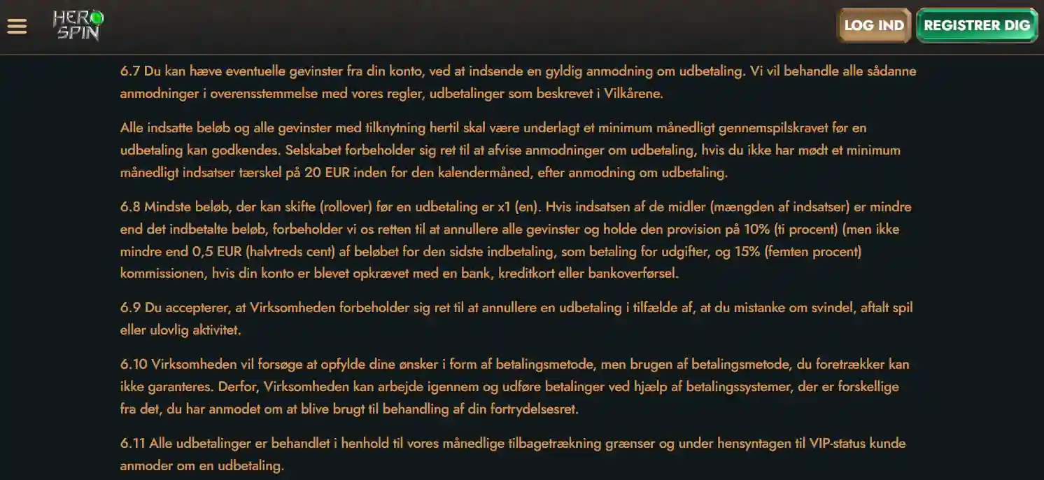 Herospins officielle vilkår med oplysninger om udbetaling og VIP-grænser