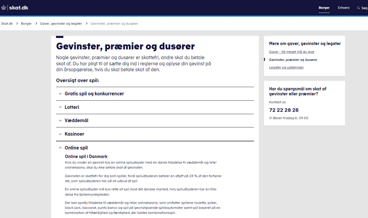 SKATs officielle side med regler for gevinster fra spil på nettet