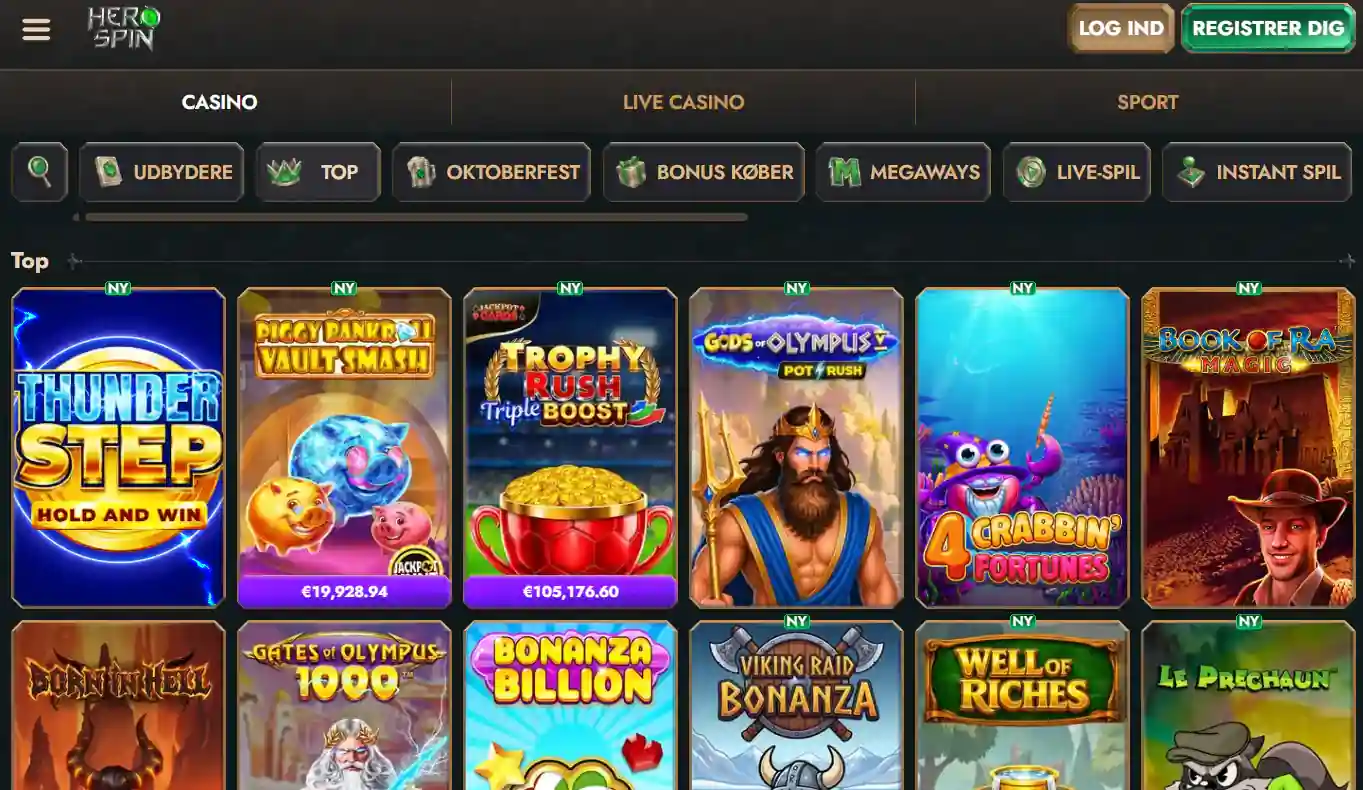 Herospins aktuelle casinobrugerflade med navigation og spiloversigt